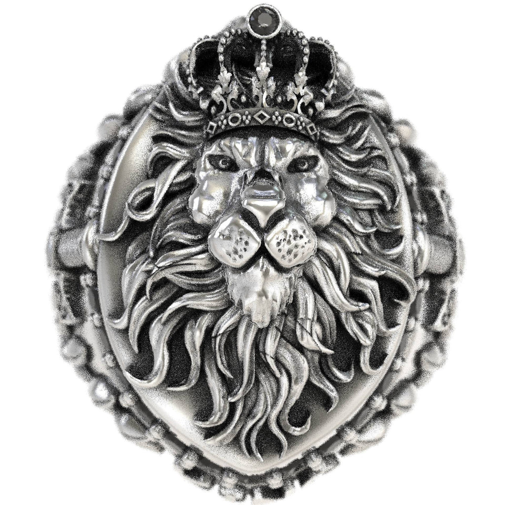 Majestic Mens Lion Ring with Swords & Black Diamonds