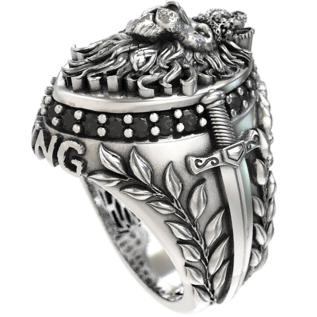 Majestic Mens Lion Ring with Swords & Black Diamonds