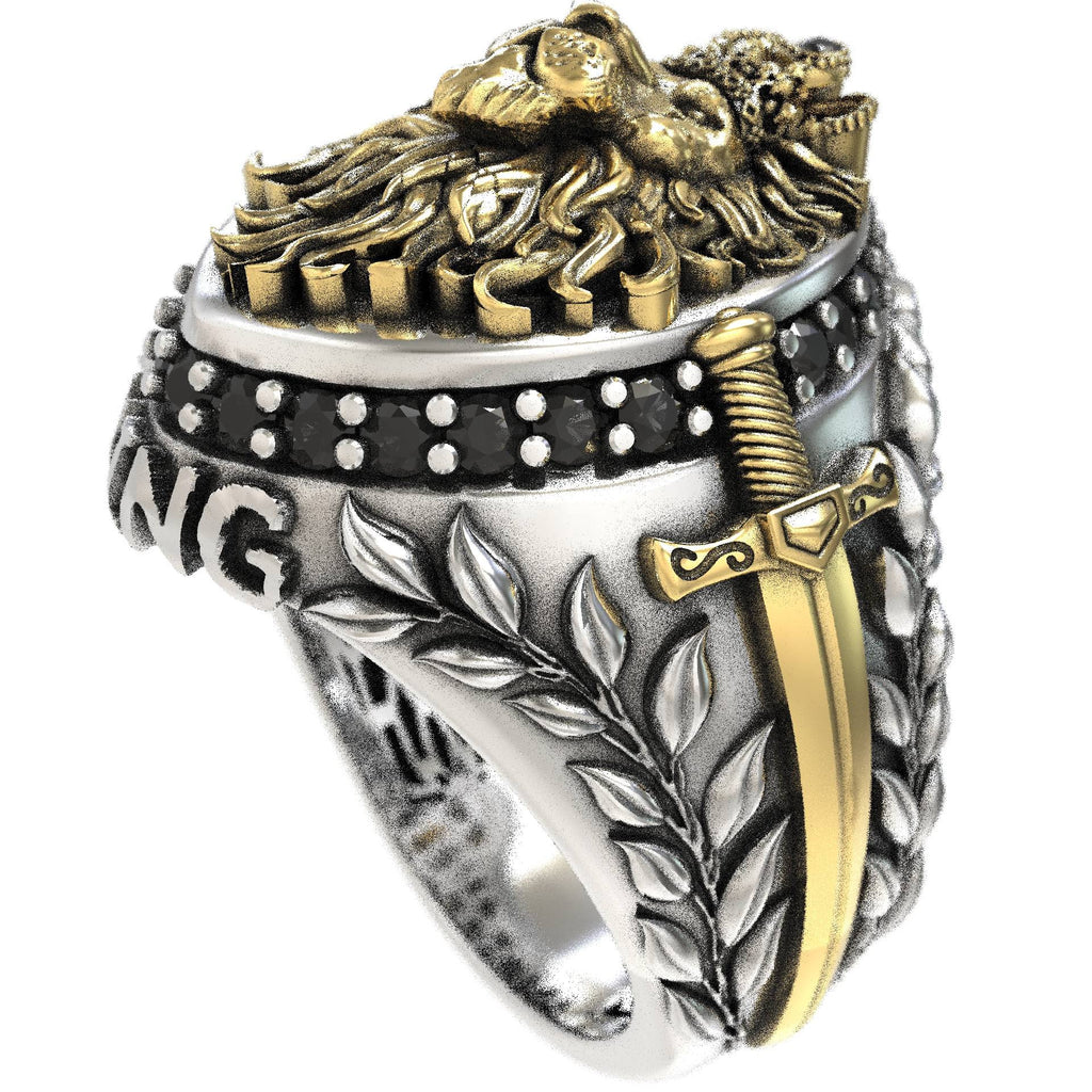 Silver Signet Lion Ring with Swords & Black Diamonds