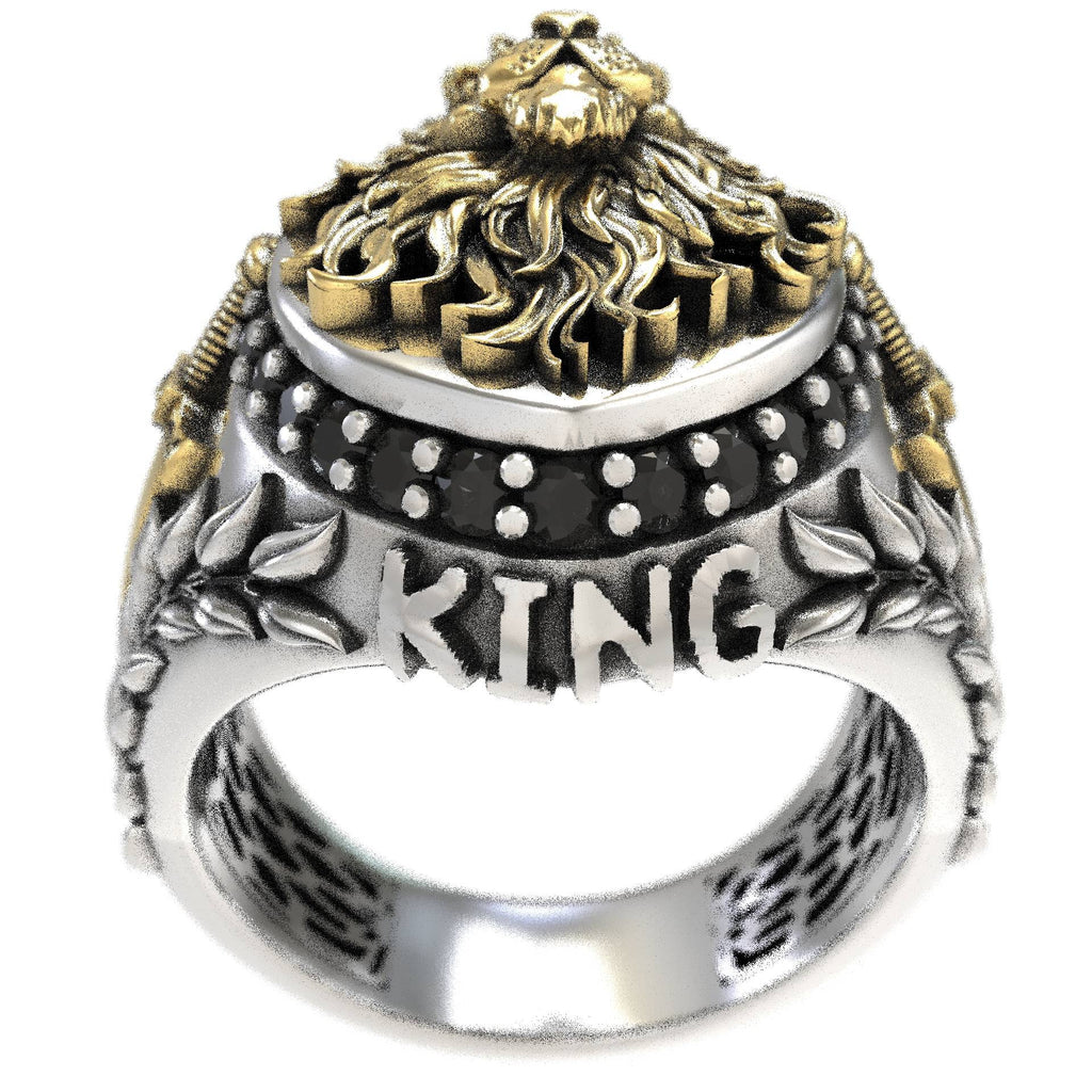 Silver Signet Lion Ring with Swords & Black Diamonds