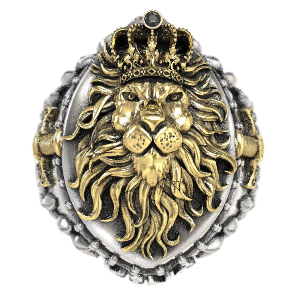 Silver Signet Lion Ring with Swords & Black Diamonds