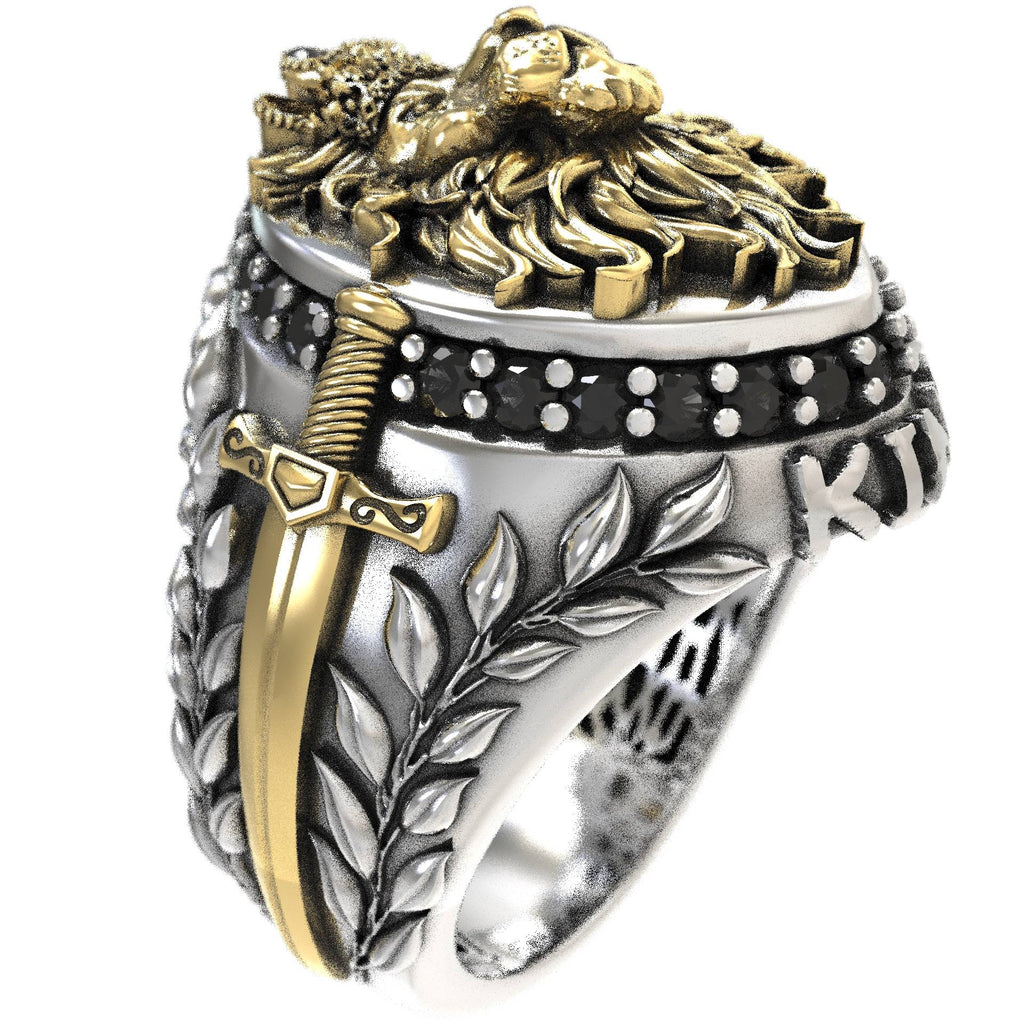 Silver Signet Lion Ring with Swords & Black Diamonds