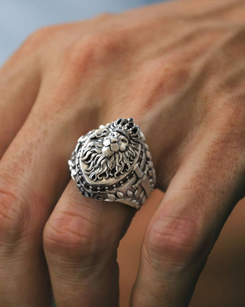 Majestic Mens Lion Ring with Swords & Black Diamonds