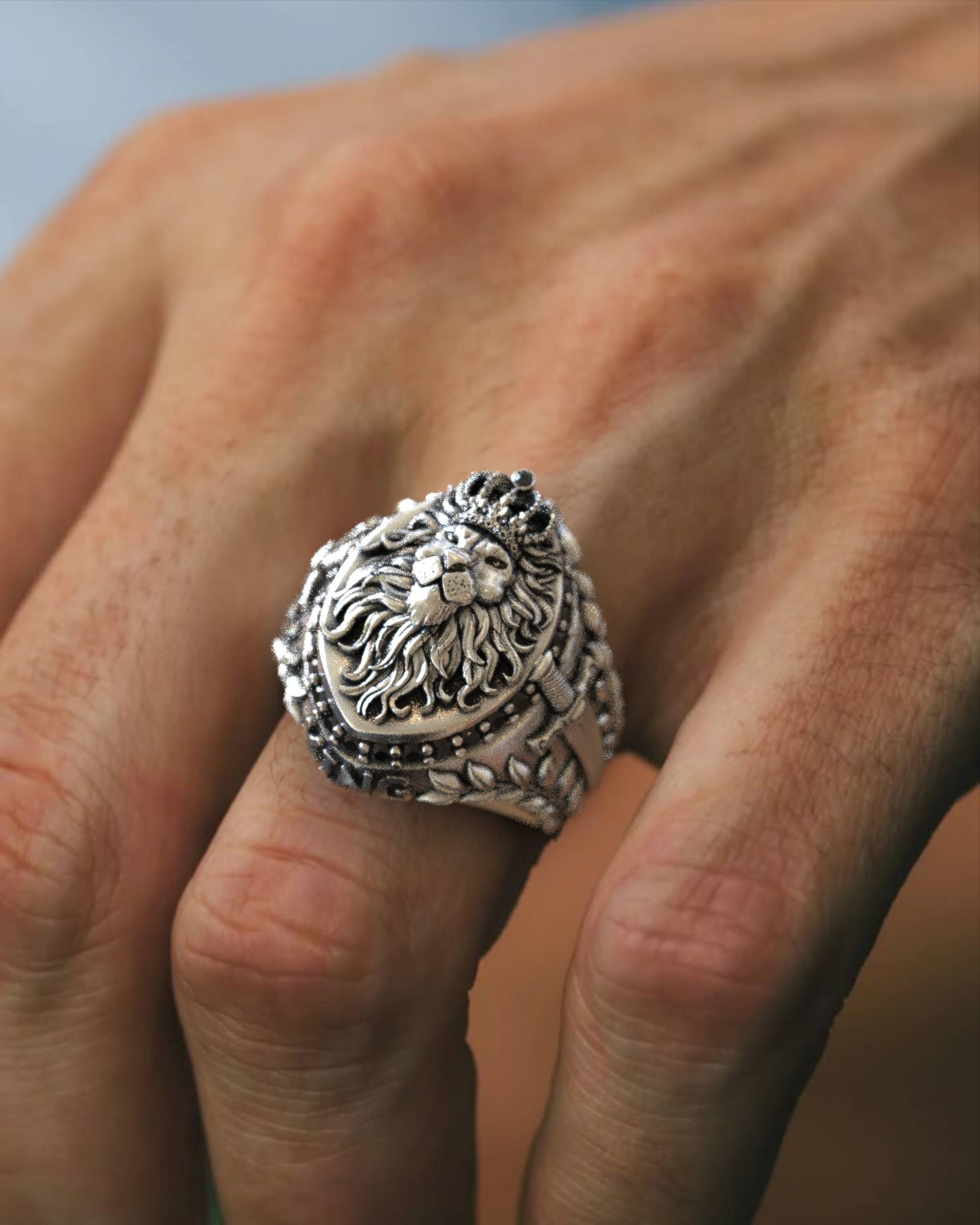 Majestic Mens Lion Ring with Swords & Black Diamonds