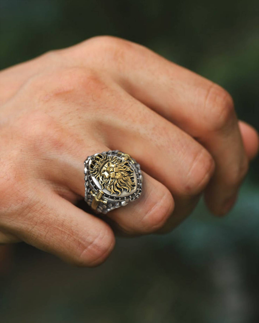 Silver Signet Lion Ring with Swords & Black Diamonds