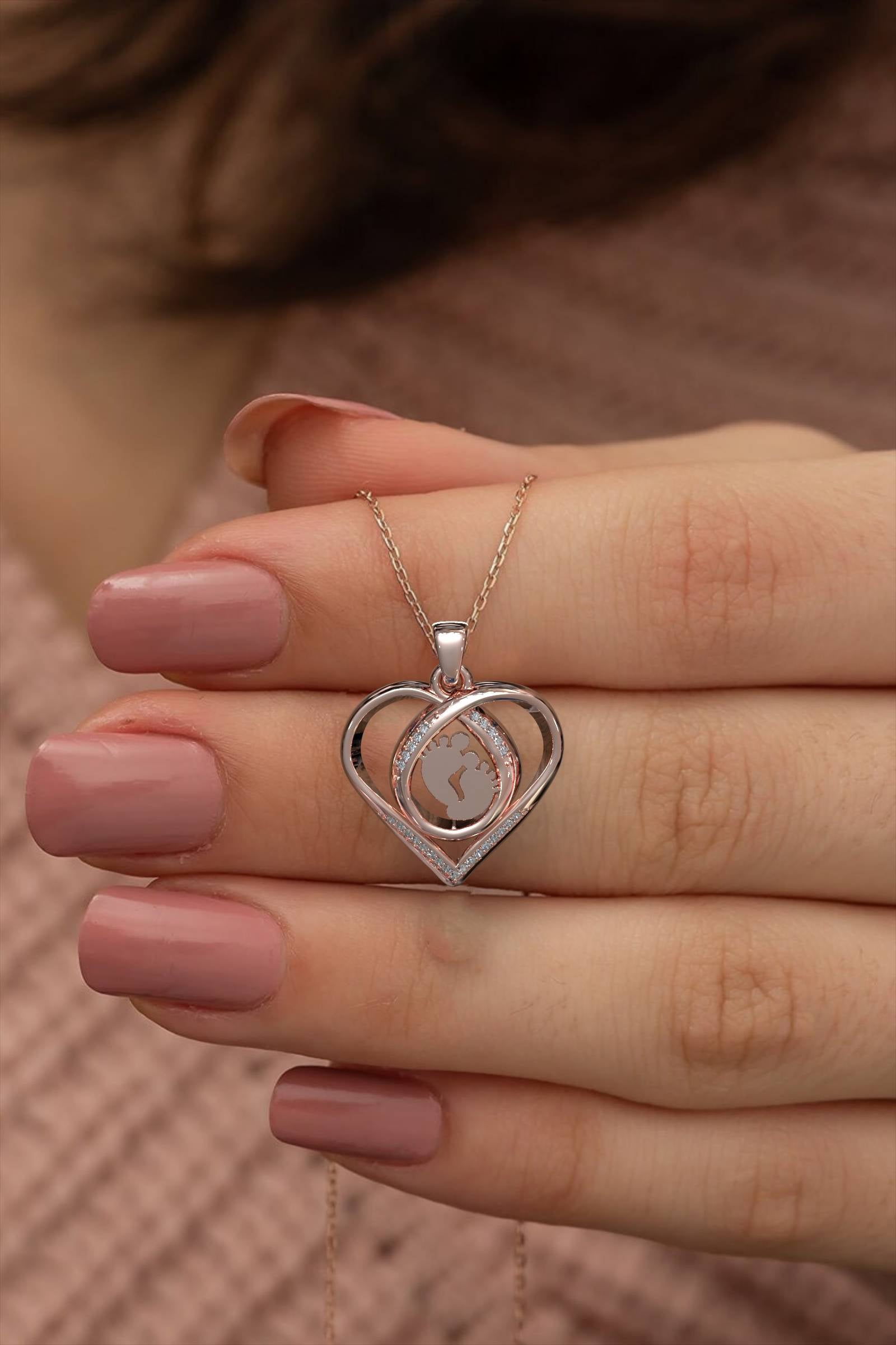 Heart And Baby Footprint Pendant With Zircons