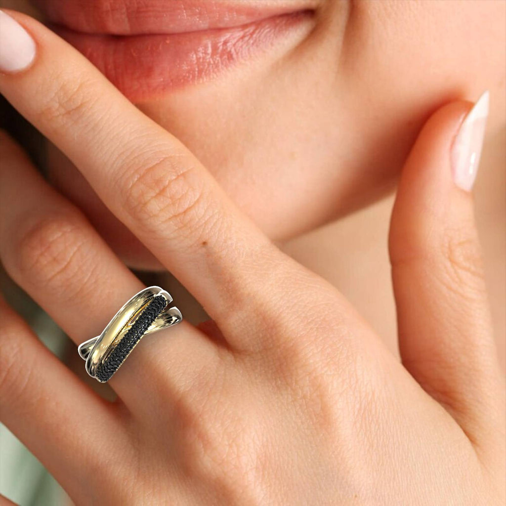 Elegant Triple Row Black Zircon Gold Ring