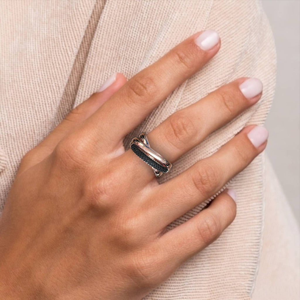 Elegant Triple Row Black Zircon Gold Ring