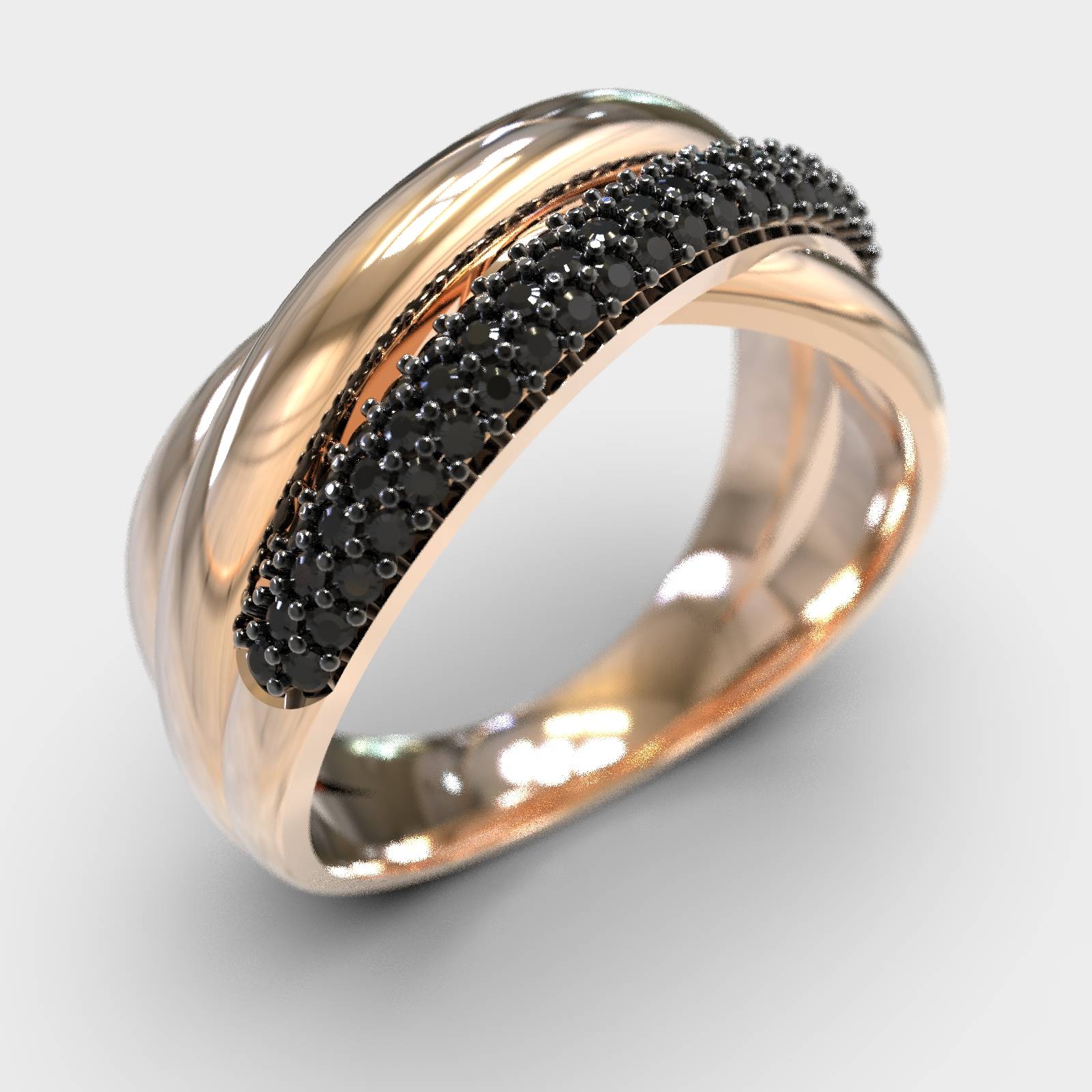 Elegant Triple Row Black Zircon Gold Ring