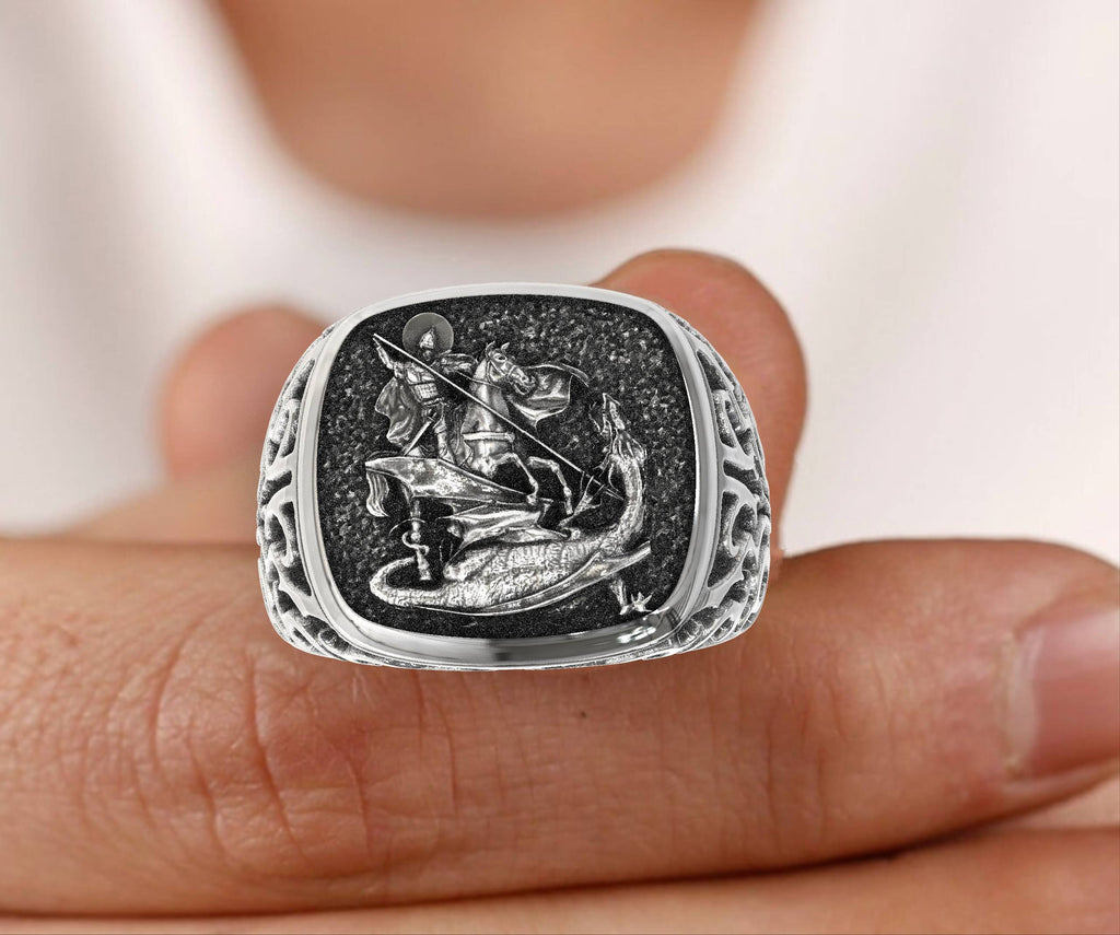 Christian Saint George Mens Signet Ring