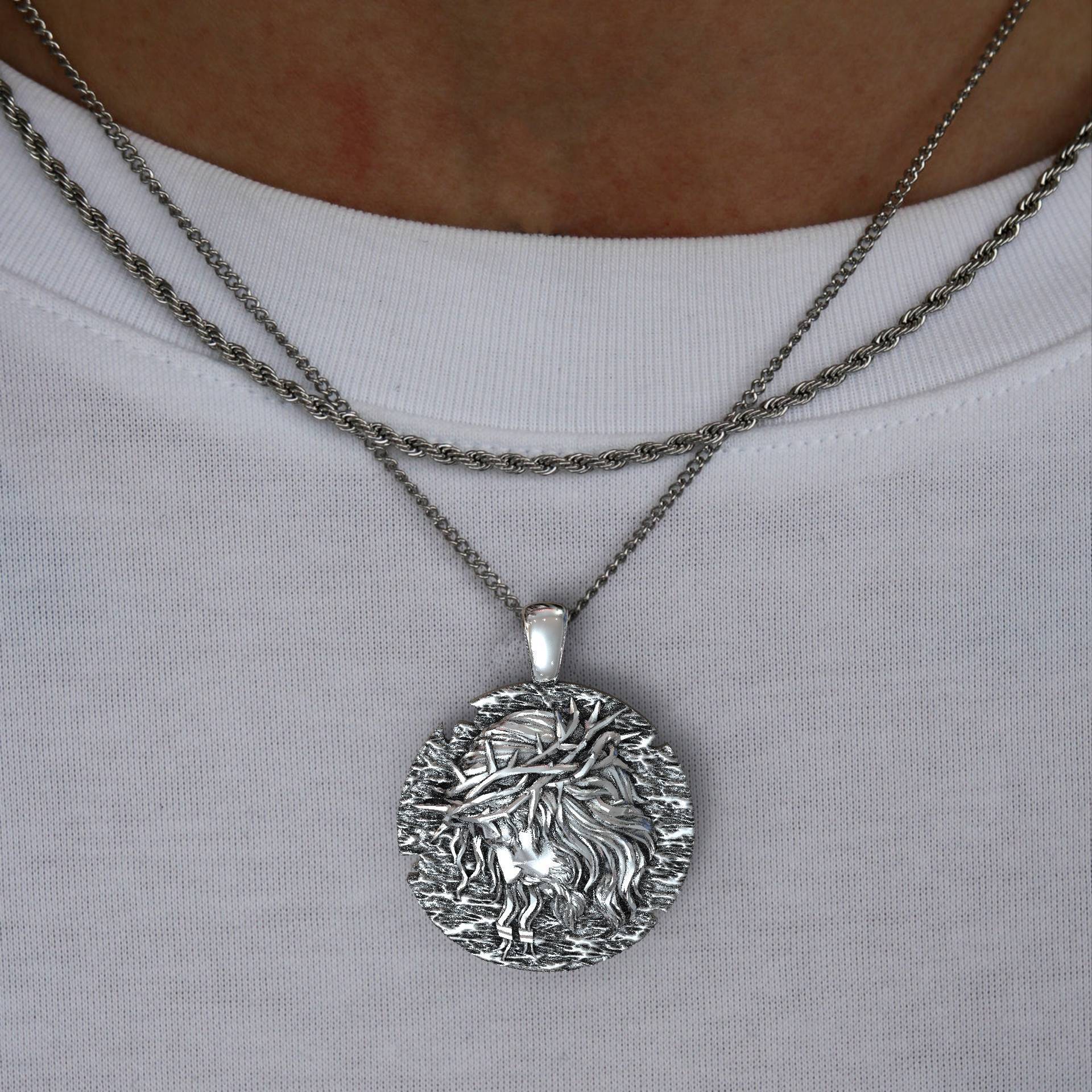 Sterling Silver Jesus Christ Necklace for Men